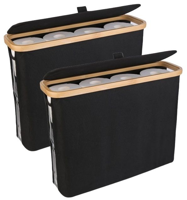 CARLA HOME 2 pack Toilet Paper Storage Basket Holds Up to 12 Rolls with Bamboo Lid and Handle for RV Closet (Black)-1978962264161652736