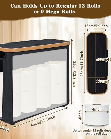 CARLA HOME 2 pack Toilet Paper Storage Basket Holds Up to 12 Rolls with Bamboo Lid and Handle for RV Closet (Black)-1978962264161652738