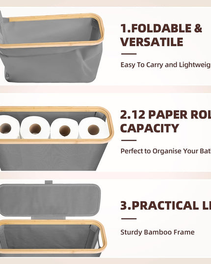 CARLA HOME 2 pack Toilet Paper Storage Basket Holds Up to 12 Rolls with Bamboo Lid and Handle for RV Closet (Grey)-1978962264329424900