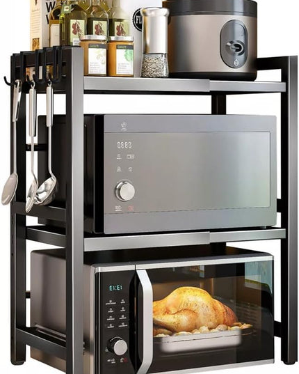 CARLA HOME 3-Tier Microwave Oven Rack with Adjustable Metal Kitchen Shelf Stand for Countertop Storage and 6 Hooks for Utensils-1992735286408384512