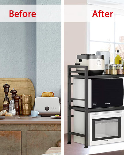 CARLA HOME 3-Tier Microwave Oven Rack with Adjustable Metal Kitchen Shelf Stand for Countertop Storage and 6 Hooks for Utensils-1992735286408384516