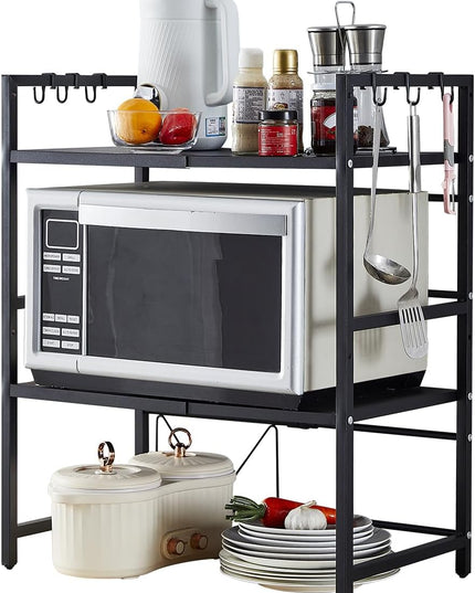CARLA HOME 3-Tier Microwave Oven Rack with Adjustable Metal Kitchen Shelf Stand for Countertop Storage and 6 Hooks for Utensils-1992735286408384519
