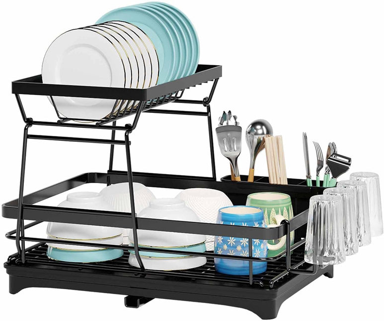 CARLA HOME 2-Tier Dish Drying Rack for Kitchen Counter with Drainboard, Utensil Holder, Cup Rack & Cutlery Organizer-1992735293530312704
