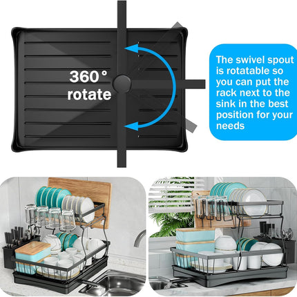 CARLA HOME 2-Tier Dish Drying Rack for Kitchen Counter with Drainboard, Utensil Holder, Cup Rack & Cutlery Organizer-1992735293530312705