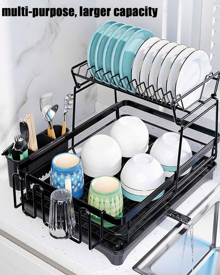 CARLA HOME 2-Tier Dish Drying Rack for Kitchen Counter with Drainboard, Utensil Holder, Cup Rack & Cutlery Organizer-1992735293530312707