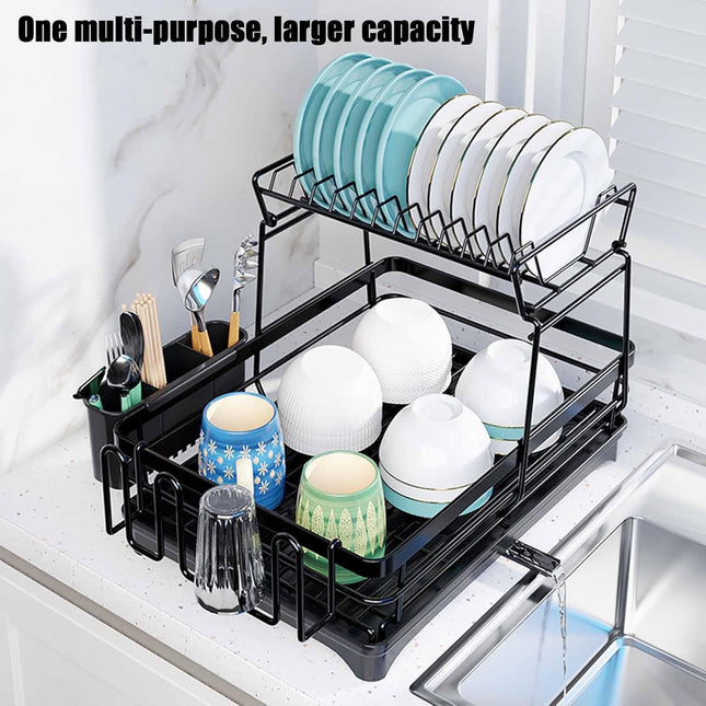 CARLA HOME 2-Tier Dish Drying Rack for Kitchen Counter with Drainboard, Utensil Holder, Cup Rack & Cutlery Organizer-1992735293530312707