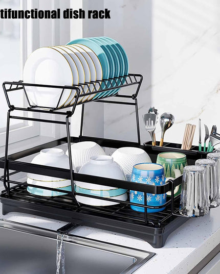 CARLA HOME 2-Tier Dish Drying Rack for Kitchen Counter with Drainboard, Utensil Holder, Cup Rack & Cutlery Organizer-1992735293530312708