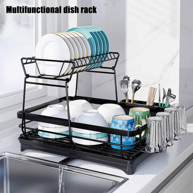 CARLA HOME 2-Tier Dish Drying Rack for Kitchen Counter with Drainboard, Utensil Holder, Cup Rack & Cutlery Organizer-1992735293530312708