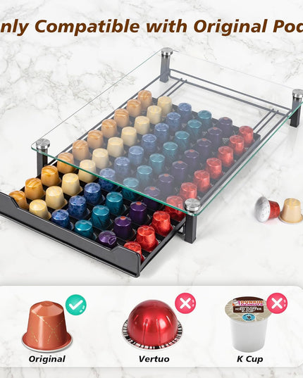 CARLA HOME 60 Coffee Pod Holder Drawer with Tempered Glass Capsule Organizer for Nespresso Pods and Sliding Drawer for Kitchen Countertop-1992735289507975169