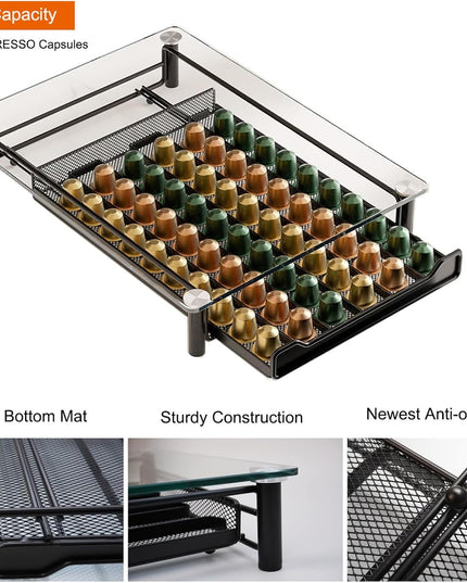 CARLA HOME 60 Coffee Pod Holder Drawer with Tempered Glass Capsule Organizer for Nespresso Pods and Sliding Drawer for Kitchen Countertop-1992735289507975171