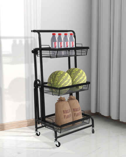 Levede 3 Tier Kitchen Trolley Cart Swivel Black Colour-1975420477254012934
