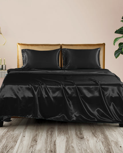 DreamZ Silky Satin Sheets Fitted Flat Queen Black-1973194024038830086