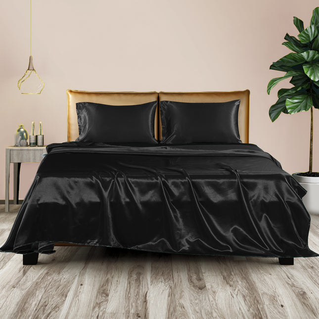 DreamZ Silky Satin Sheets Fitted Flat Queen Black-1973194024038830086