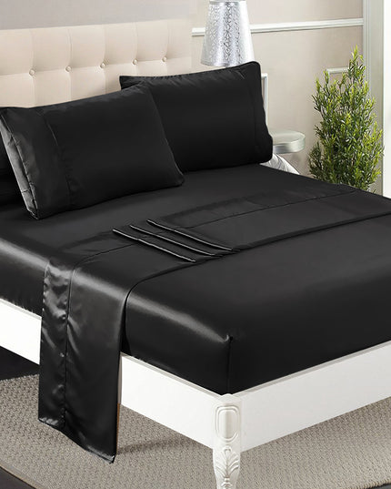 DreamZ Silky Satin Sheets Fitted Flat Queen Black-1973194024038830087