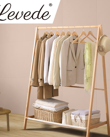 Levede Clothes Rack Wooden Wardrobe Natural-1973193811387617287