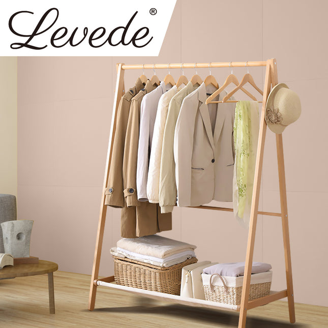 Levede Clothes Rack Wooden Wardrobe Natural-1973193811387617287
