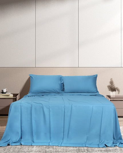 Dreamz 4pcs Double Size 100% Bamboo Bed Sheet Set in Blue Colour-1973194025158709255