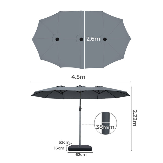 Centra 4.5M Double-sided Patio Umbrella Outdoor Umbrella Base Stand Grey-1973193482596126722