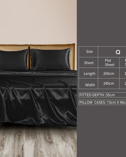 DreamZ Silky Satin Sheets Fitted Flat Queen Black-1973194024038830082
