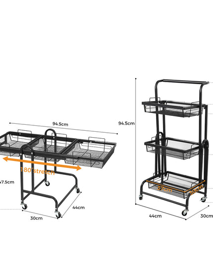 Levede 3 Tier Kitchen Trolley Cart Swivel Black Colour-1975420477254012930